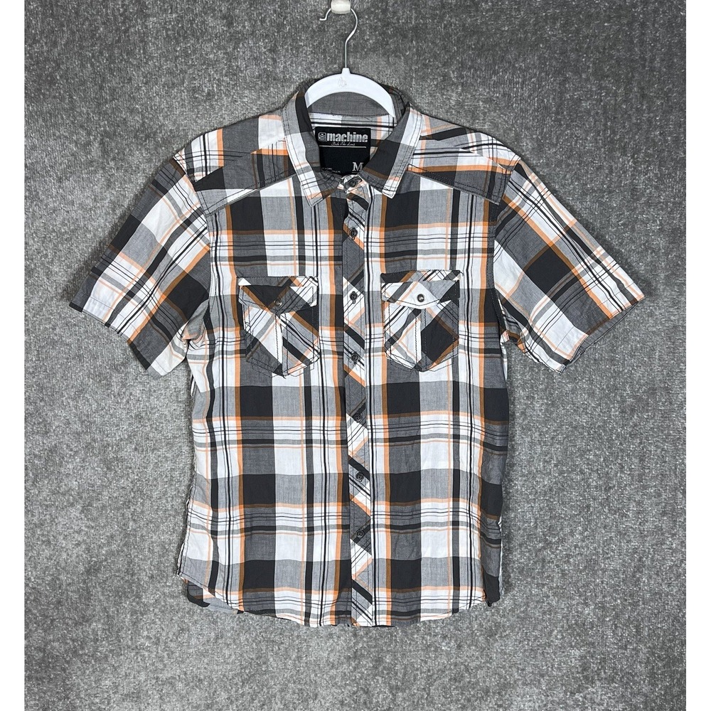 Machine Shirt Mens Size Medium Gray Plaid Button Up Short Sleeve Chest Pockets